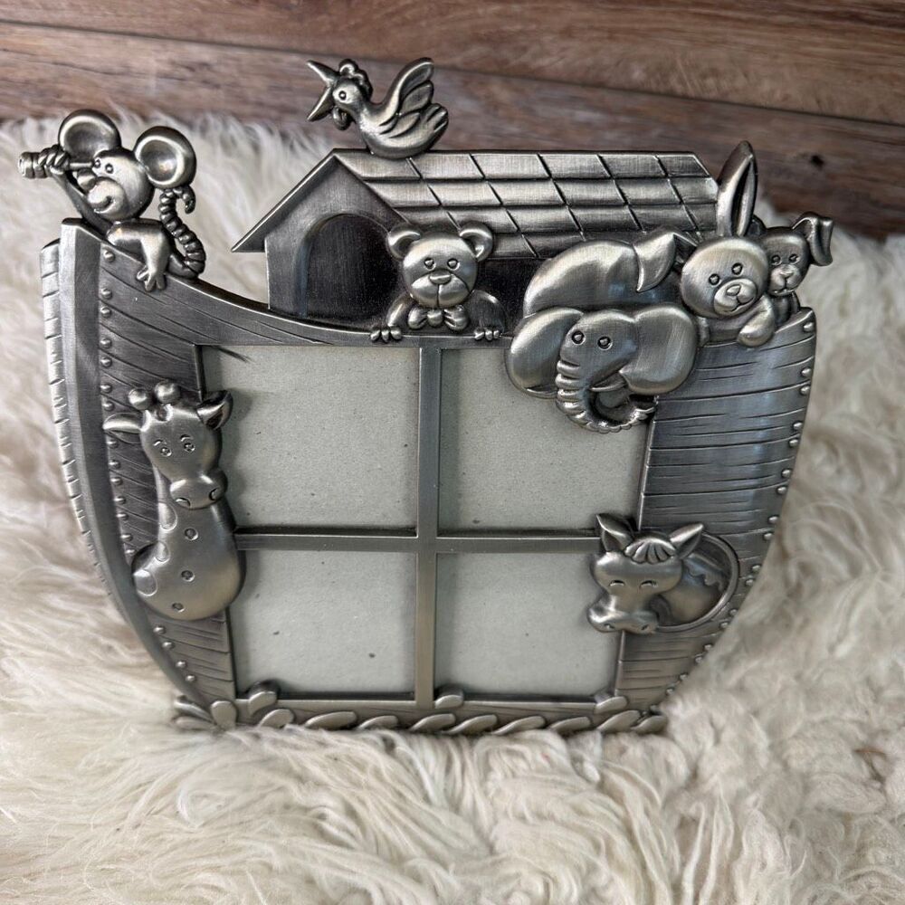 Vintage Pewter Noah’s Ark Picture Frame 4 Photo Section Animals Home Office